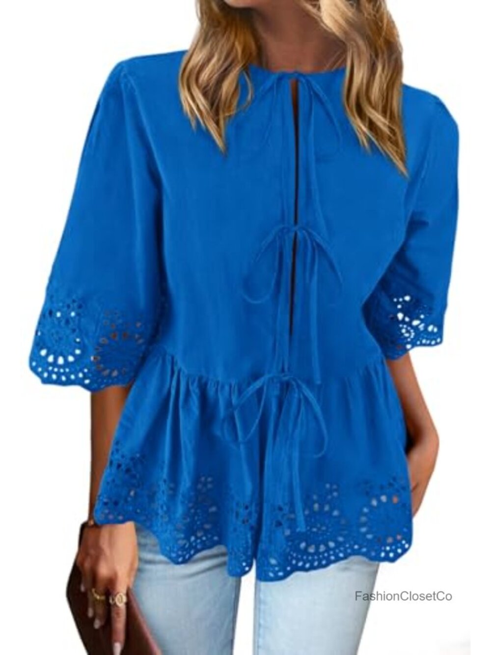 Cotton Babydoll Peplum Top Flutter Sleeve Bowknot Eyelet Blouse
